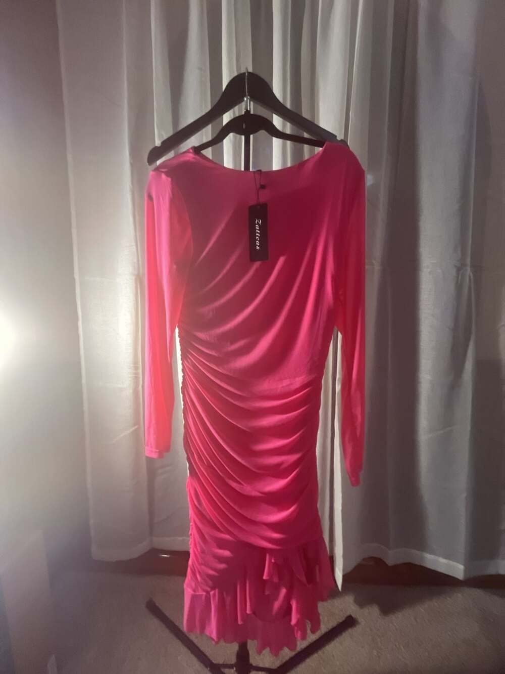 Zatteas Long Sleeve Ruched Ruffle Hem Bodycon Dress in Fuchsia